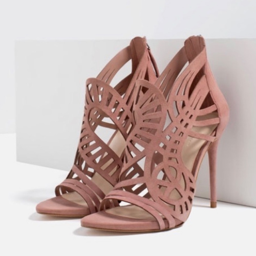 Zara | openwork suede leather blush party strappy stilettos heels sandals